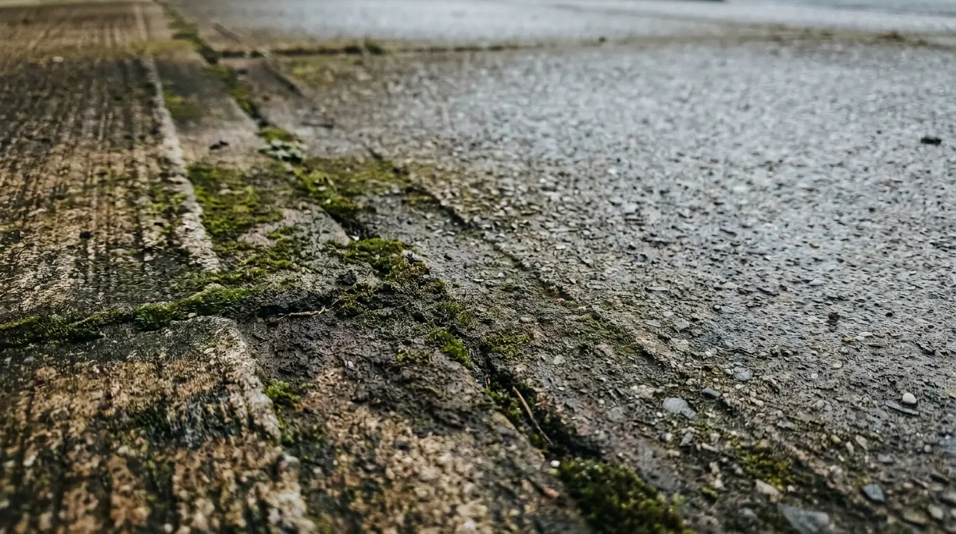 Close-up of concrete pavement with green moss in between cracks, in overcast lighting