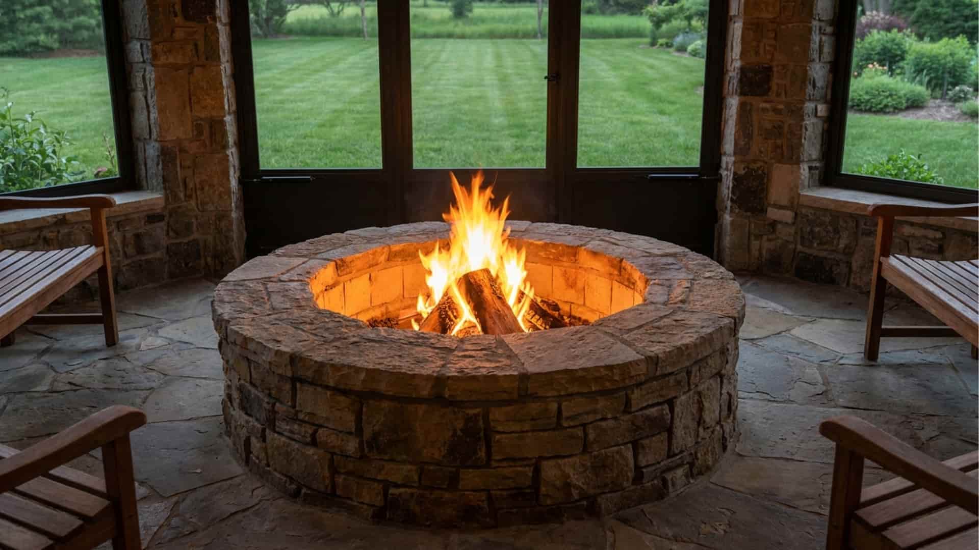DIY backyard stone fire pit with burning firewood and bright flames in a grassy outdoor seating area during sunset with realistic natural stone design and cozy backyard atmosphere (1)