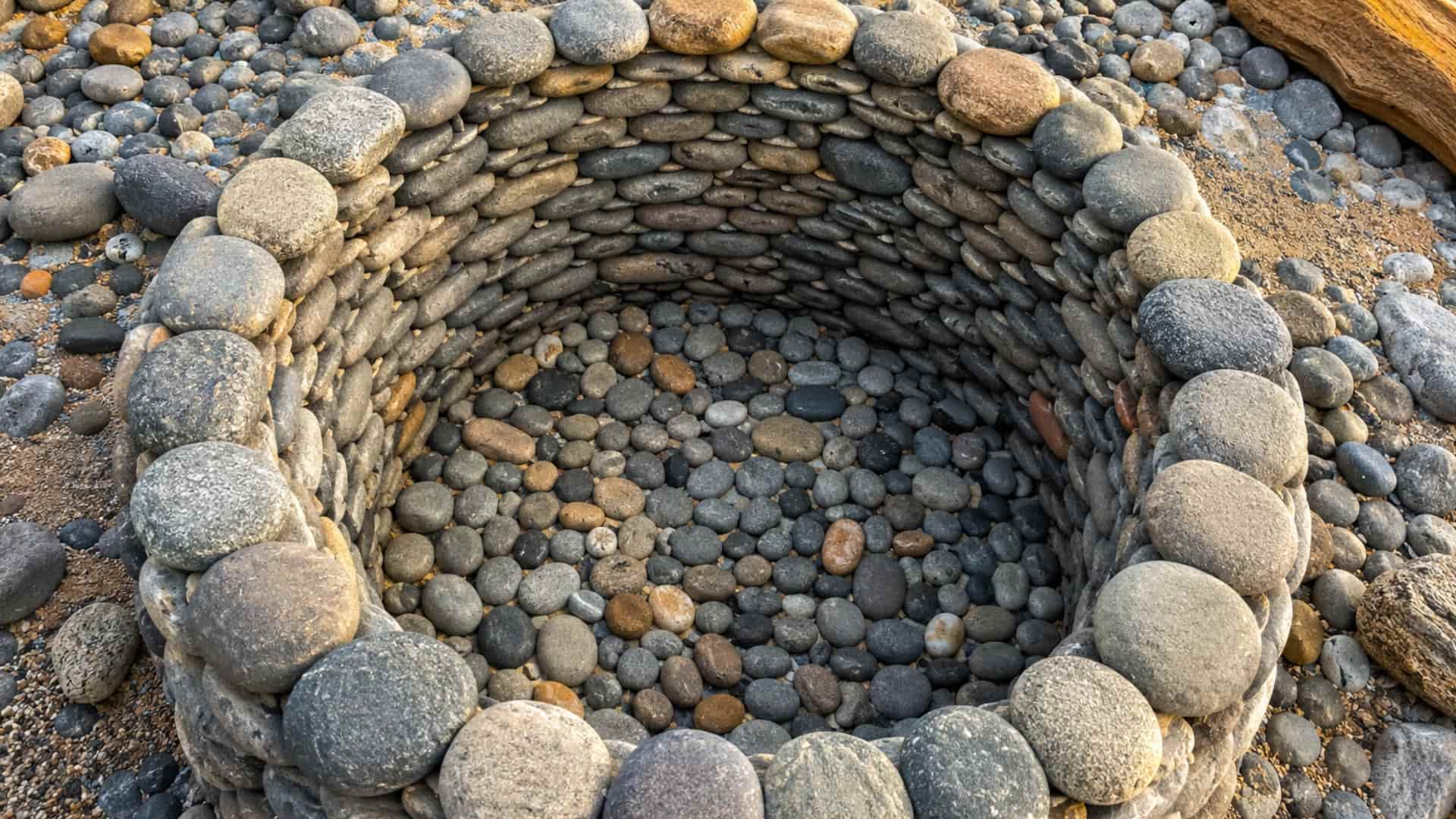 DIY beach fire pit made with stacked river stones and pebbles on a rocky coastal shoreline with realistic stone textures and natural outdoor setting
