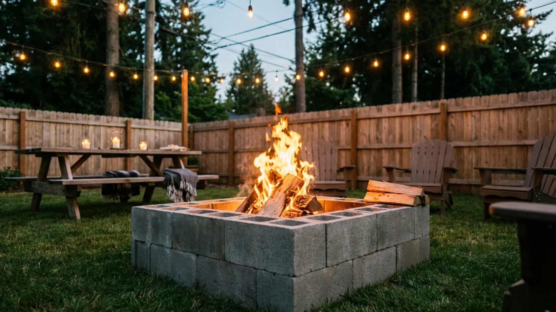 DIY cinder block fire pit in a backyard with string lights, Adirondack chairs, picnic table, and evening outdoor seating area. (2)