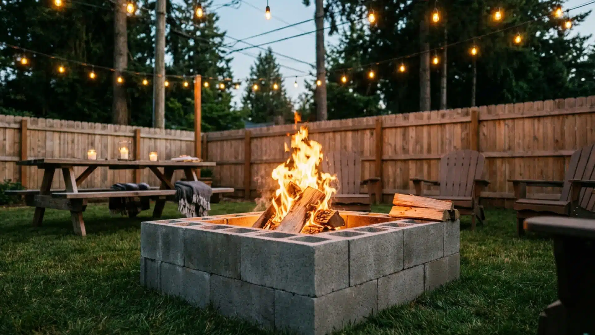 DIY cinder block fire pit in a backyard with string lights, Adirondack chairs, picnic table, and evening outdoor seating area. (2)