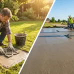Person laying decorative concrete tiles in garden alongside construction workers smoothing concrete driveway
