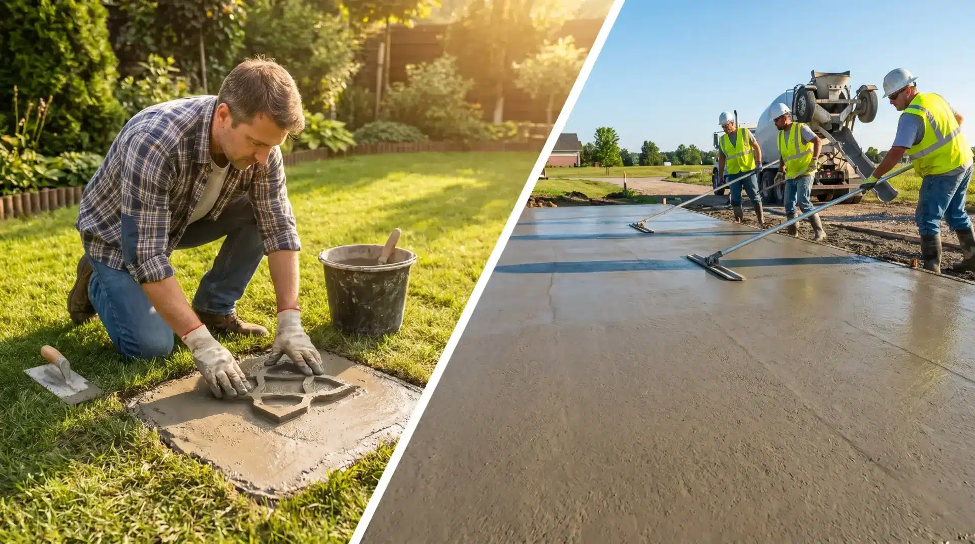 Person laying decorative concrete tiles in garden alongside construction workers smoothing concrete driveway