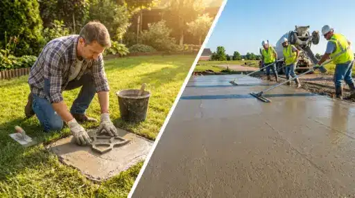 Person laying decorative concrete tiles in garden alongside construction workers smoothing concrete driveway