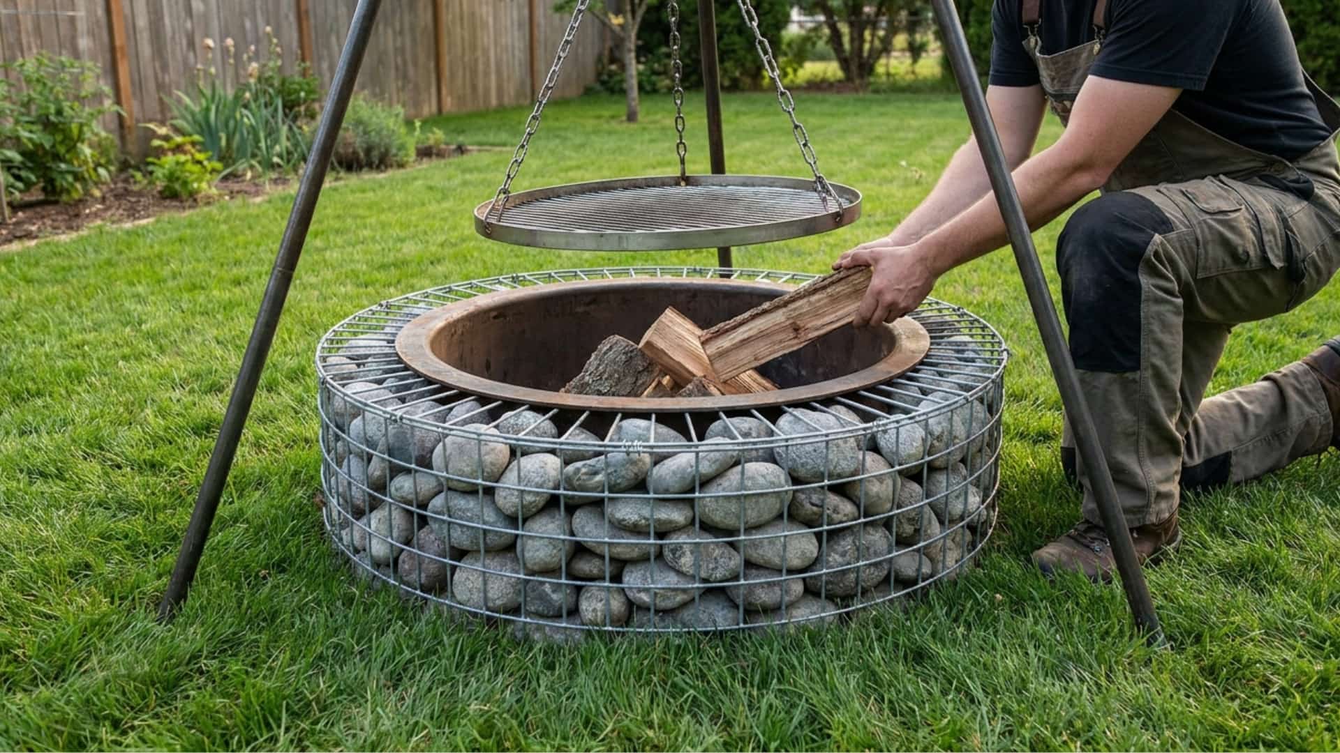 DIY gabion fire pit with hanging grill in backyard