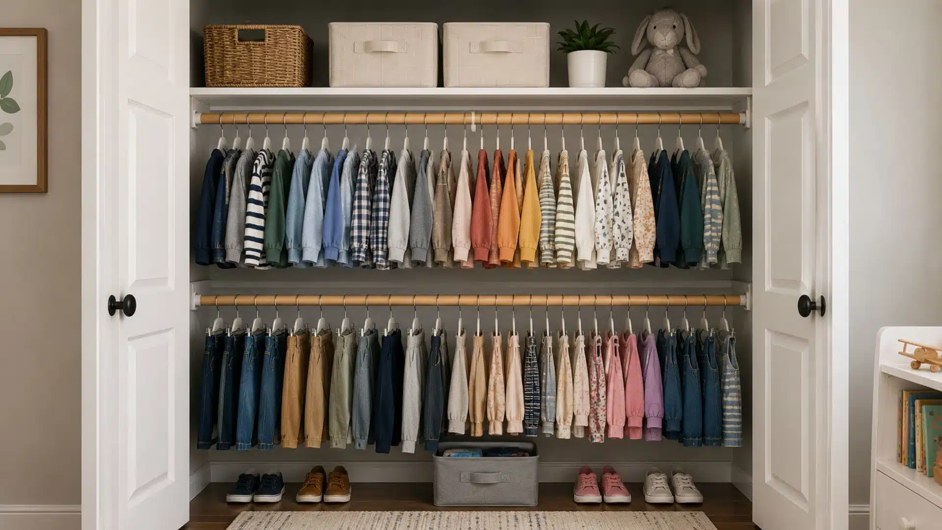 kids closet with double hanging rods holding colorful shirts on top and pants on the bottom row