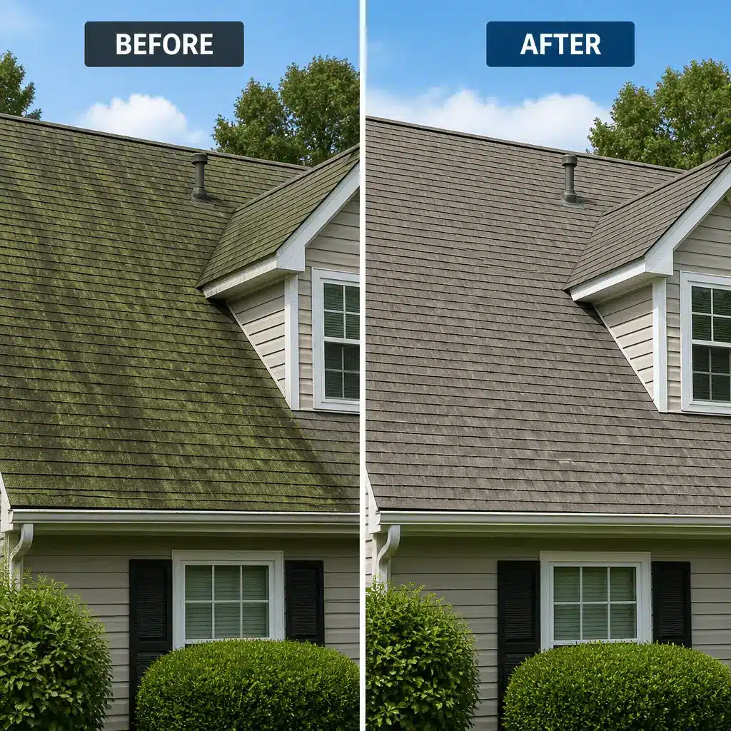 House roof before and after cleaning with contrasting mossy and clean shingles