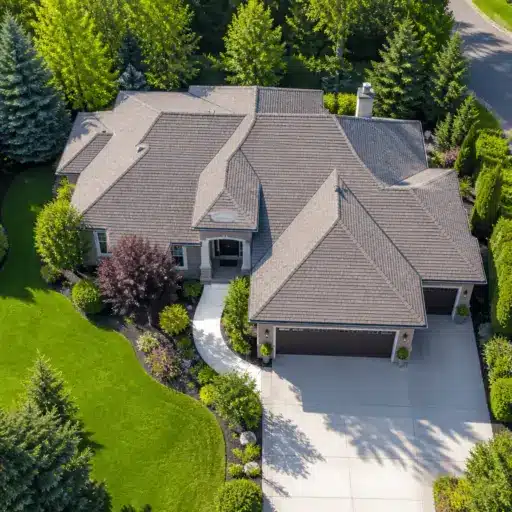 Suburban house with gray shingles and landscaped garden in lush green neighborhood