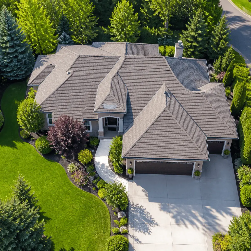 Suburban house with gray shingles and landscaped garden in lush green neighborhood