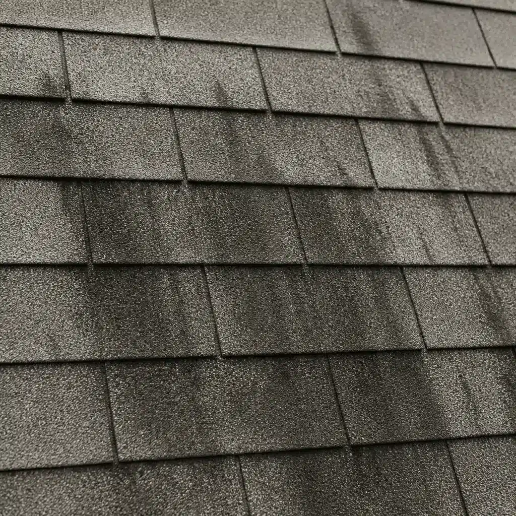 Dark gray asphalt roof shingles with visible black streaks and texture in outdoor setting