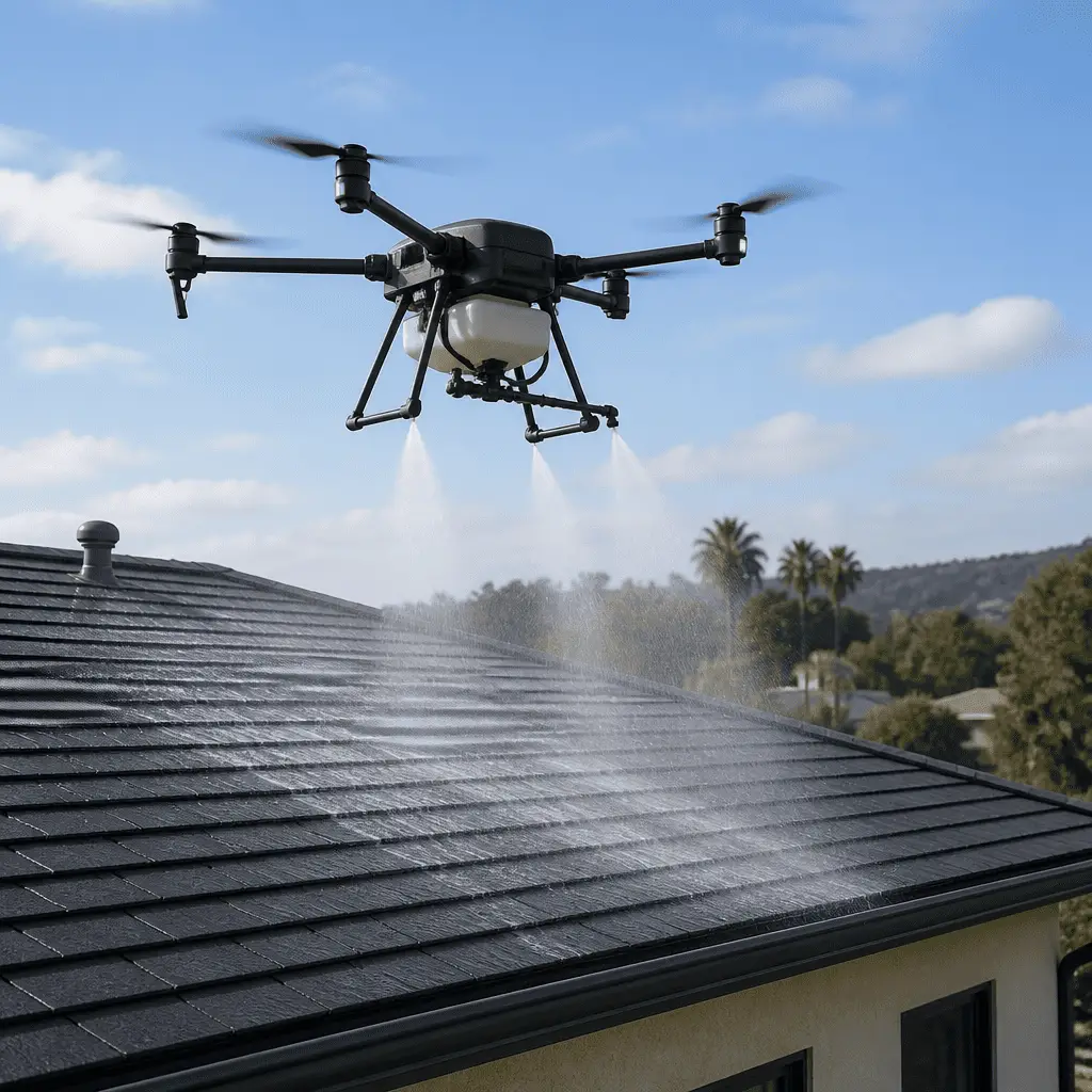 Drone spraying roof of house in residential area under blue sky