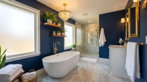 Luxurious bathroom with freestanding tub, marble floor, and navy walls adorned with gold fixtures