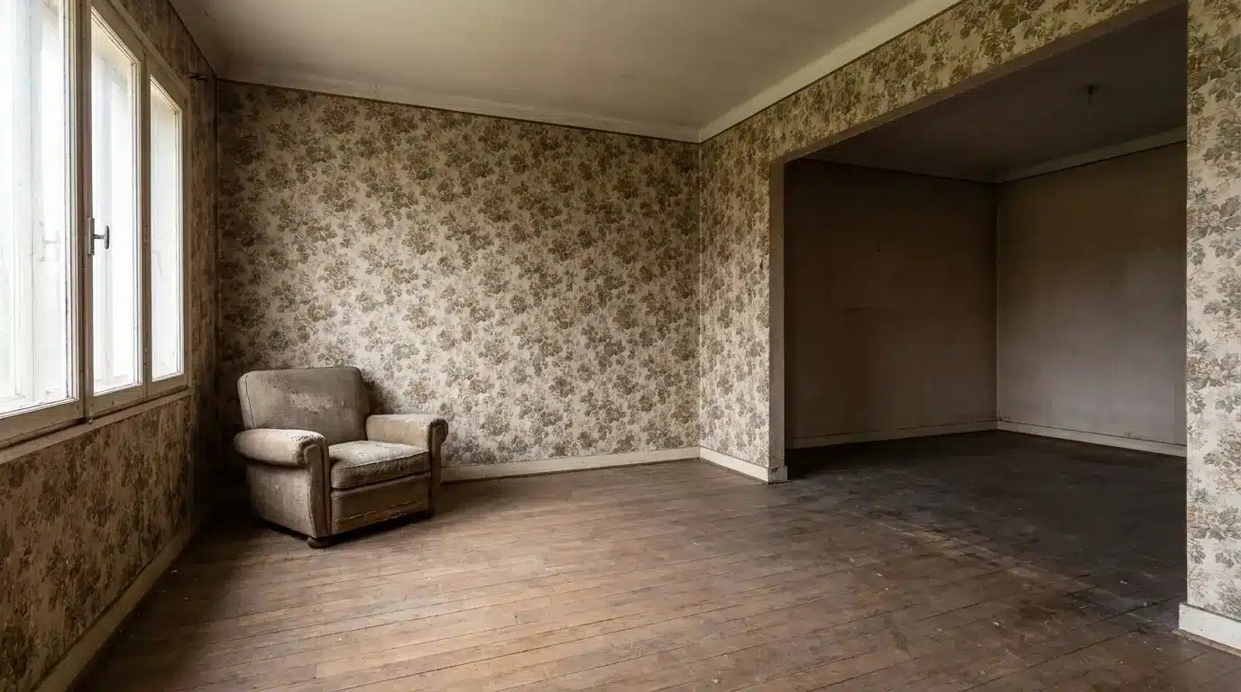 A worn armchair in an empty room with floral patterned wallpaper and wooden floors