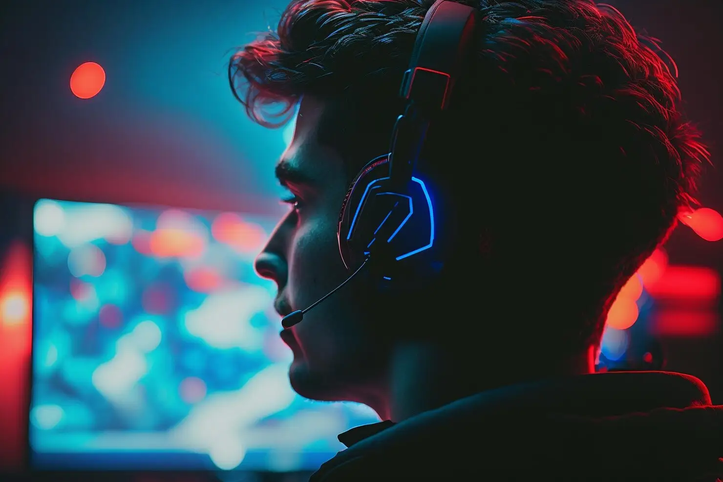 Gamer wearing illuminated headset in dark room with glowing computer screen in background