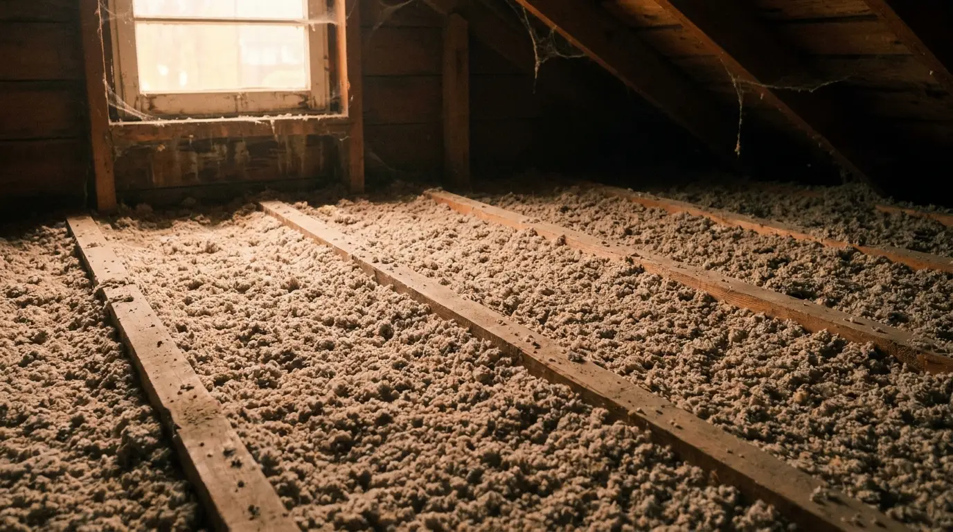 Attic with wooden beams and loose-fill insulation lit by natural light from window