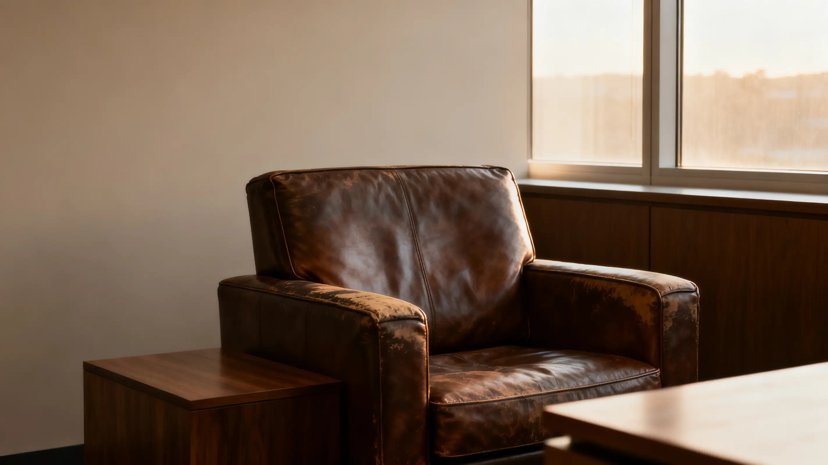 Brown leather armchair beside wooden side table in softly lit room