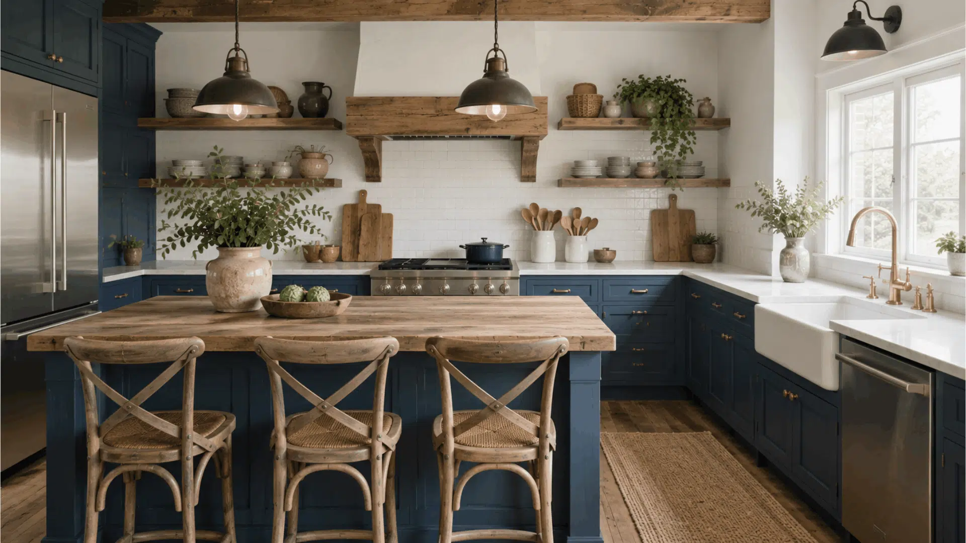 farmhouse kitchen with navy blue cabinets rustic wood island open shelving and white countertops with natural accents