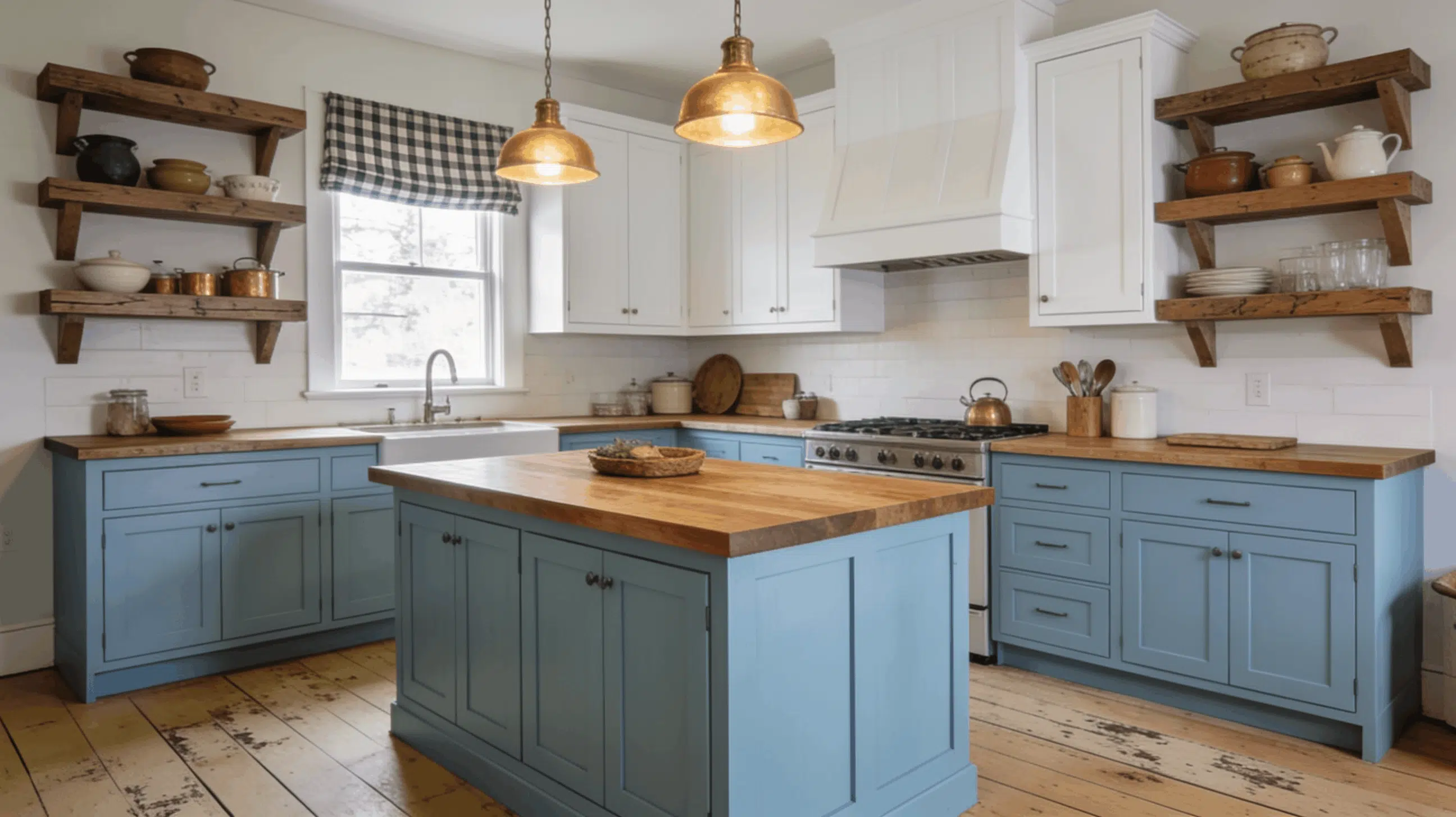 farmhouse kitchen with soft blue cabinets white upper cabinetry wood countertops open shelves and warm pendant lighting