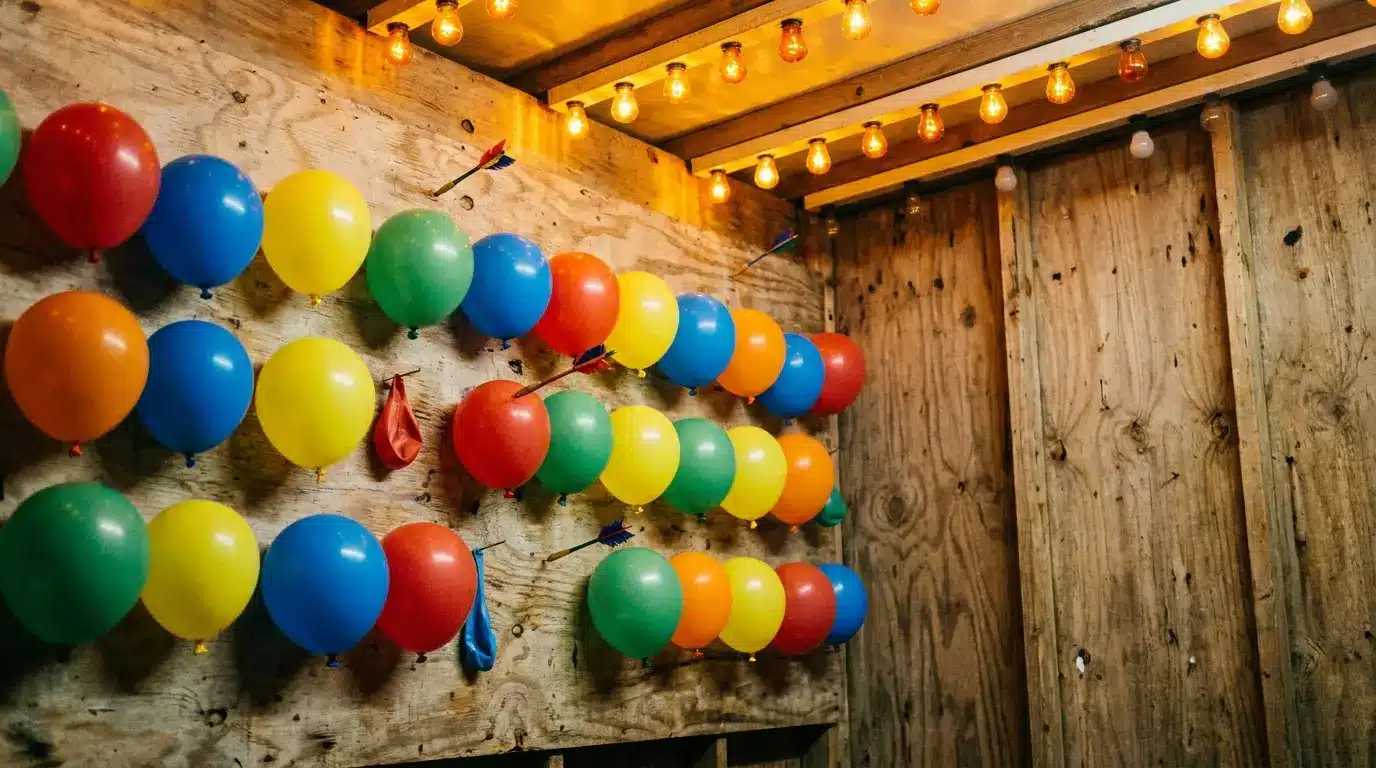 Colorful balloons and arrows on wooden board in carnival game setting with warm light bulbs
