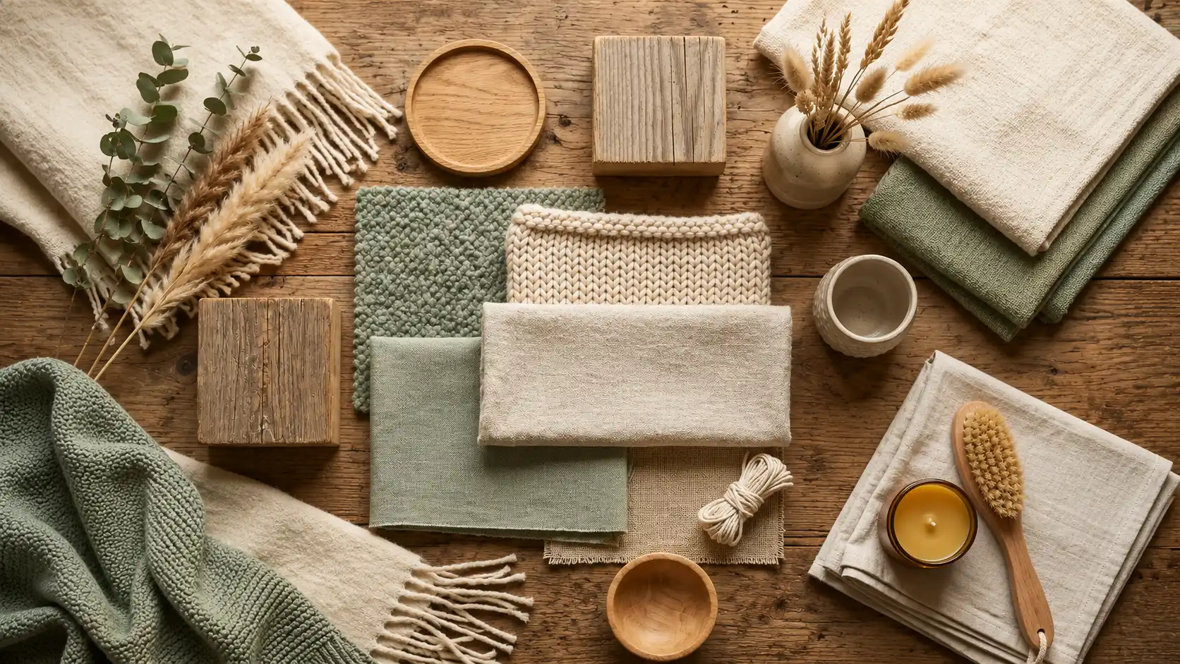 Flat lay of natural home decor and textile swatches in neutral beige, cream, and muted sage green tones on a rustic wooden surface
