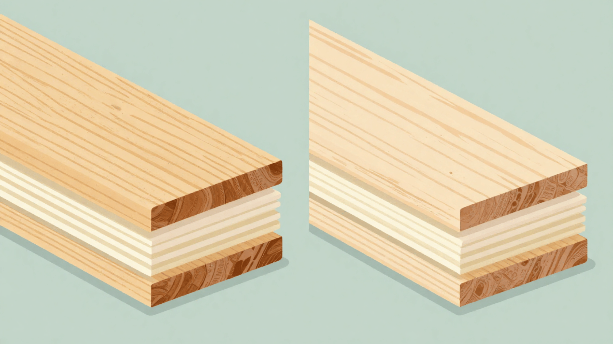 flat vector comparison of solid hardwood plank and layered engineered hardwood plank cross section in muted tones
