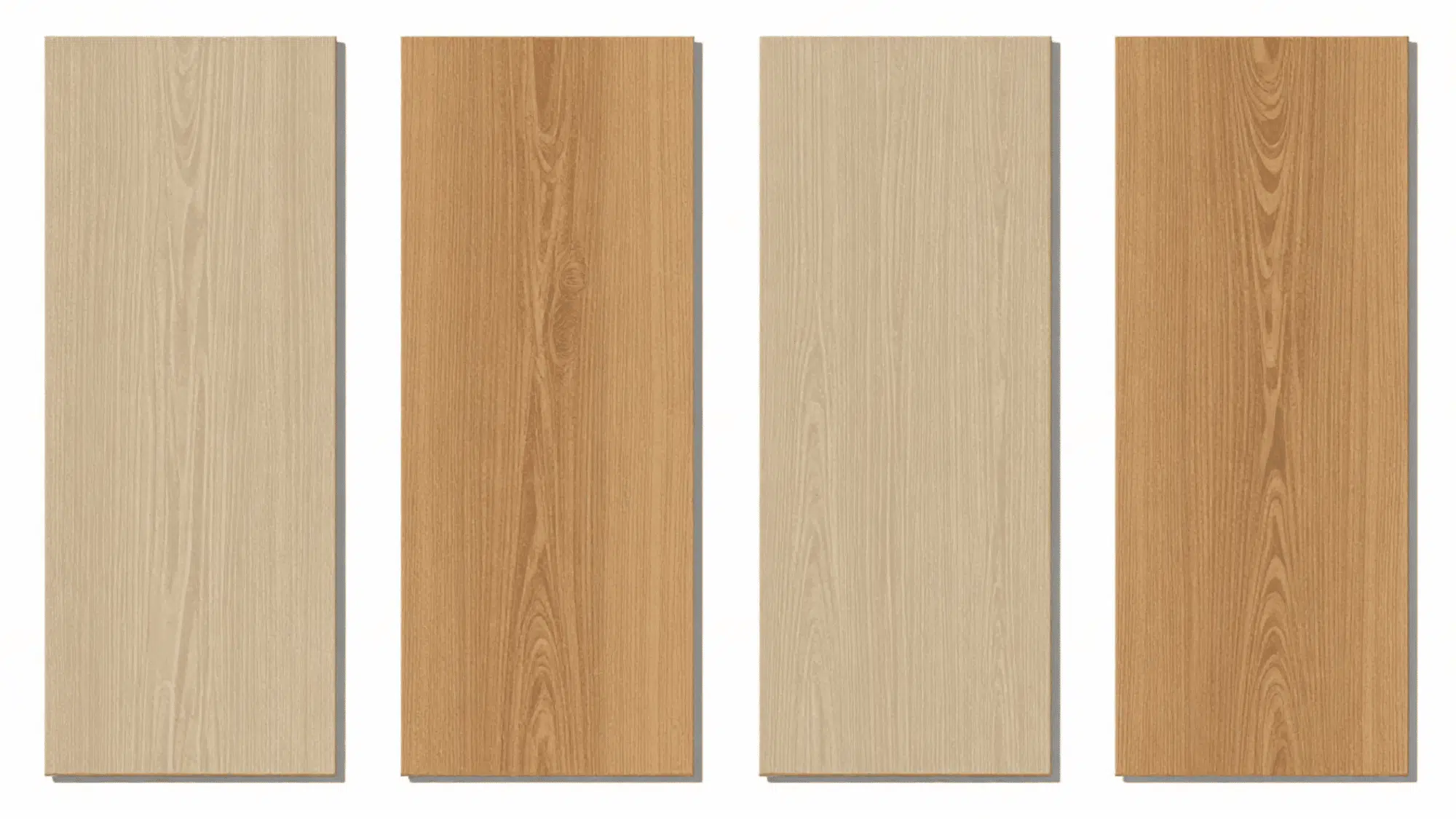 flat vector four flooring sample tiles showing engineered wood solid wood laminate and vinyl in muted pastel tones