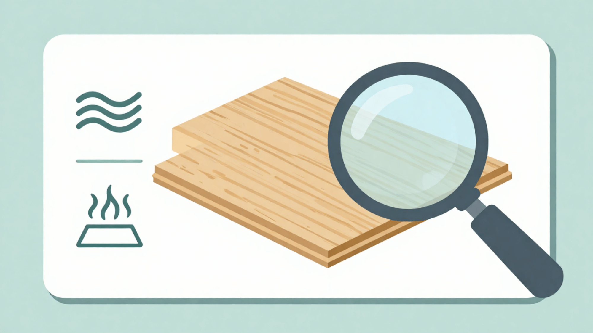 flat vector spec label with magnifying glass highlighting wear layer thickness and hardness icons in soft muted tones