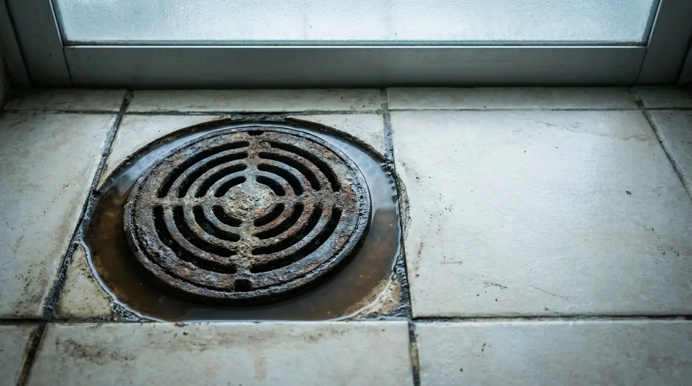 Rusted metal floor drain surrounded by wet tiles in dimly lit indoor space