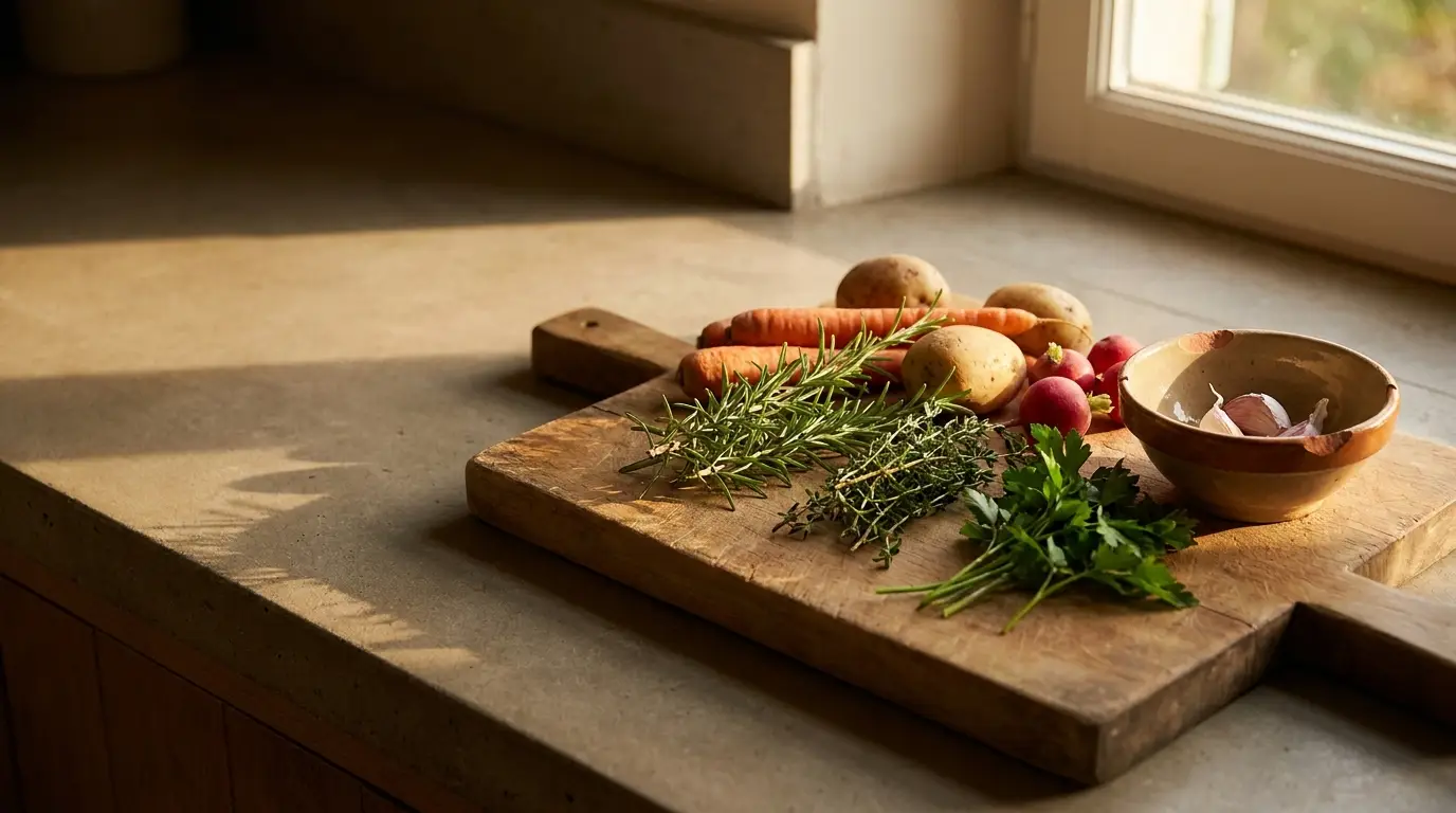 Fresh vegetables and herbs on wooden cutting board in sunlit kitchen corner