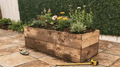 freshly built wooden diy planter box on a sunny patio filled with bright flowers and green herbs