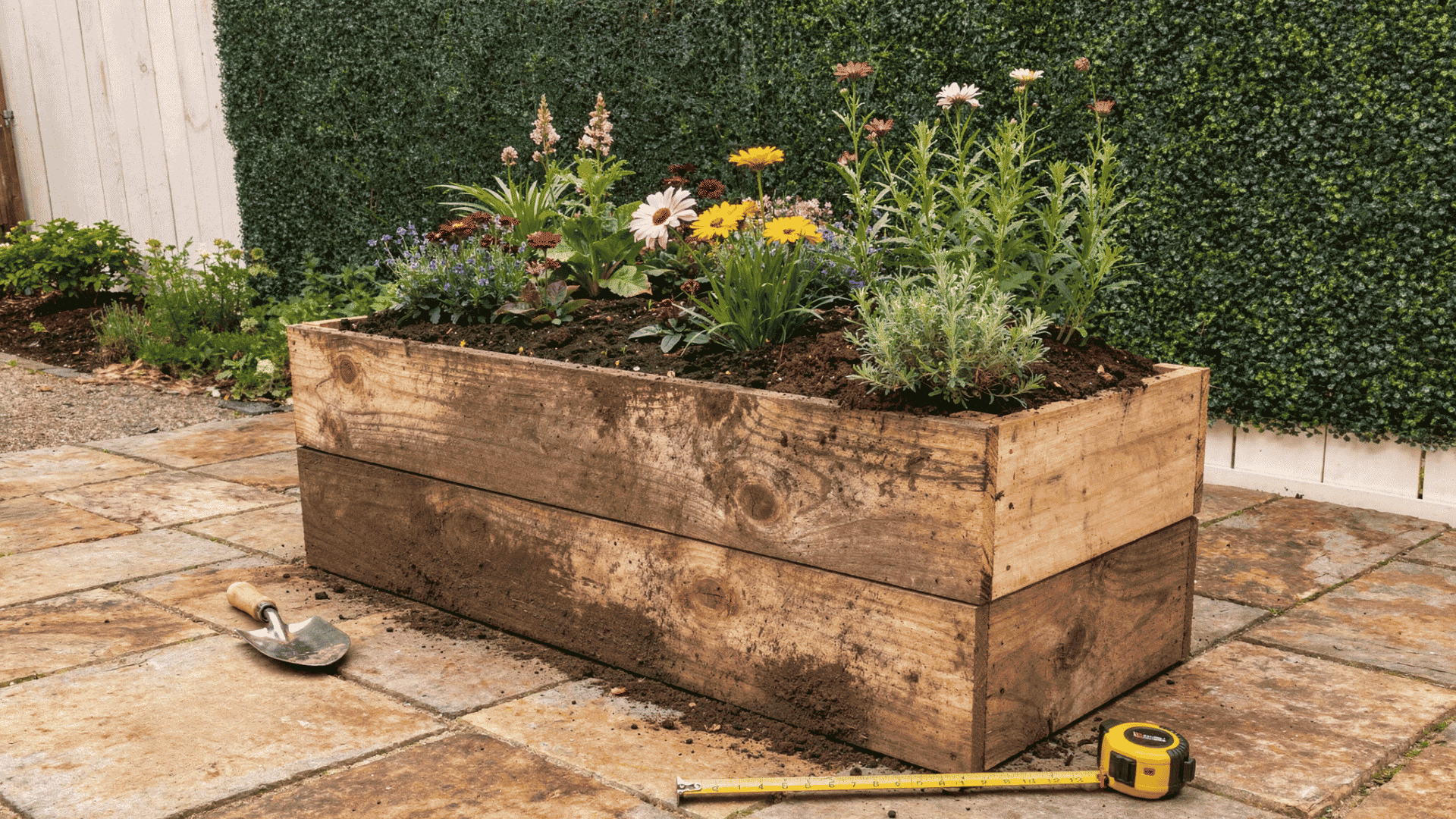 freshly built wooden diy planter box on a sunny patio filled with bright flowers and green herbs