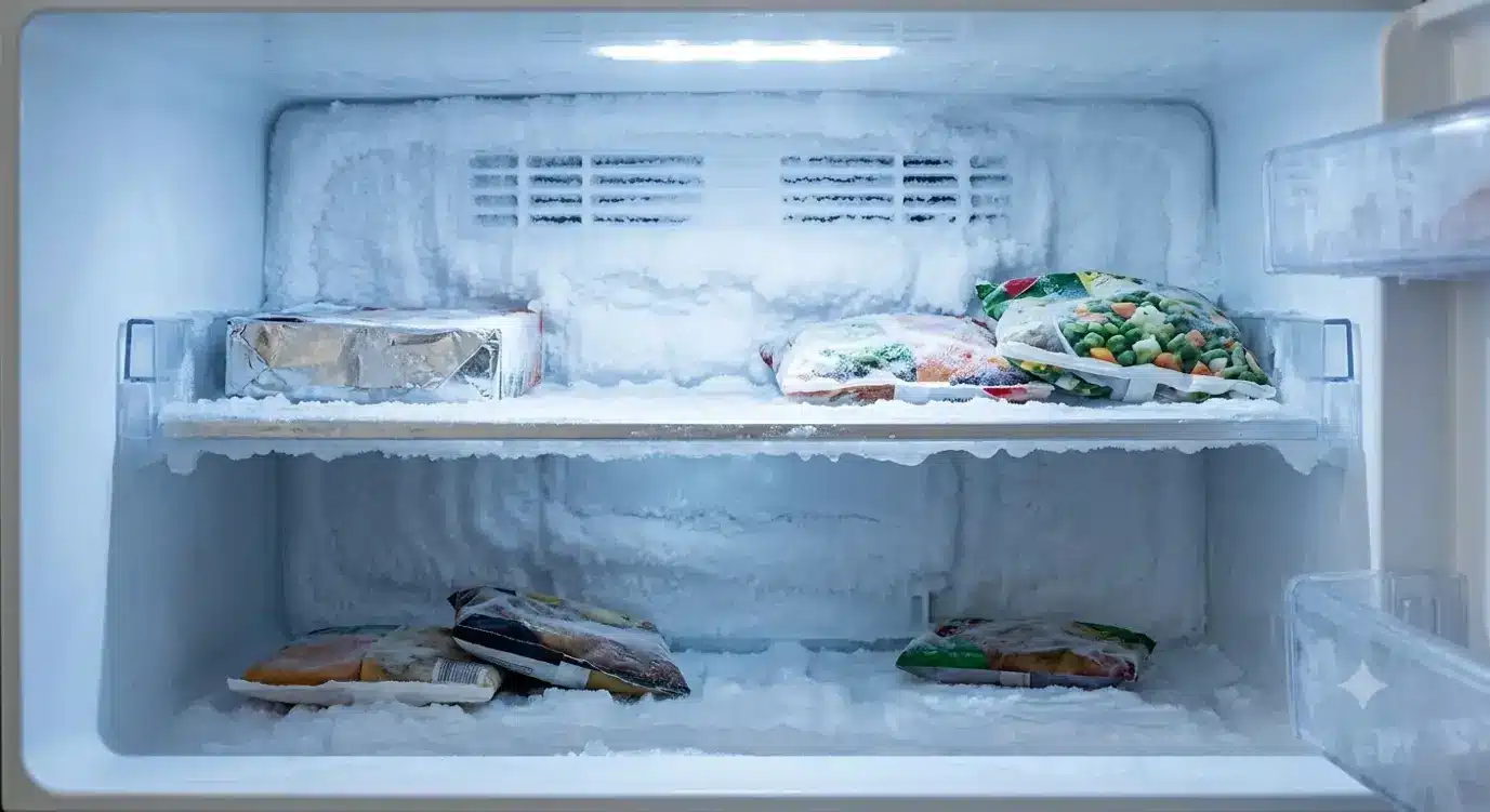 Frosted freezer interior with bags of frozen vegetables and a foil-wrapped package