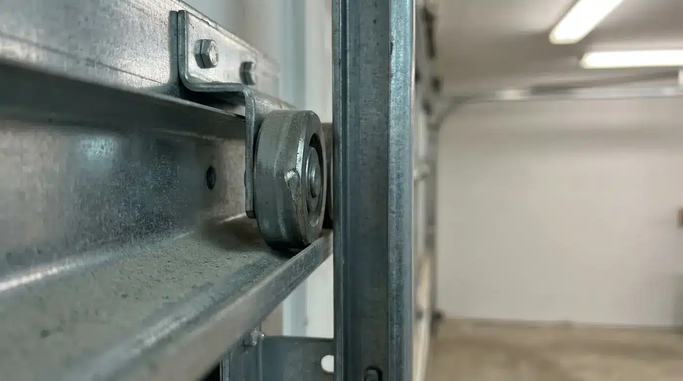 Garage door roller on metal track in well-lit garage interior