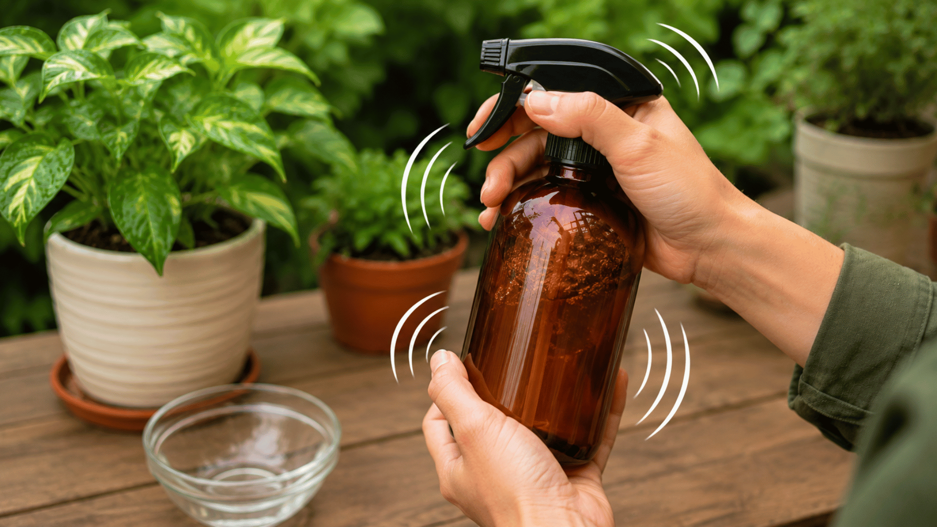Gardener shaking a brown neem oil spray bottle to properly mix the solution before applying it to plants