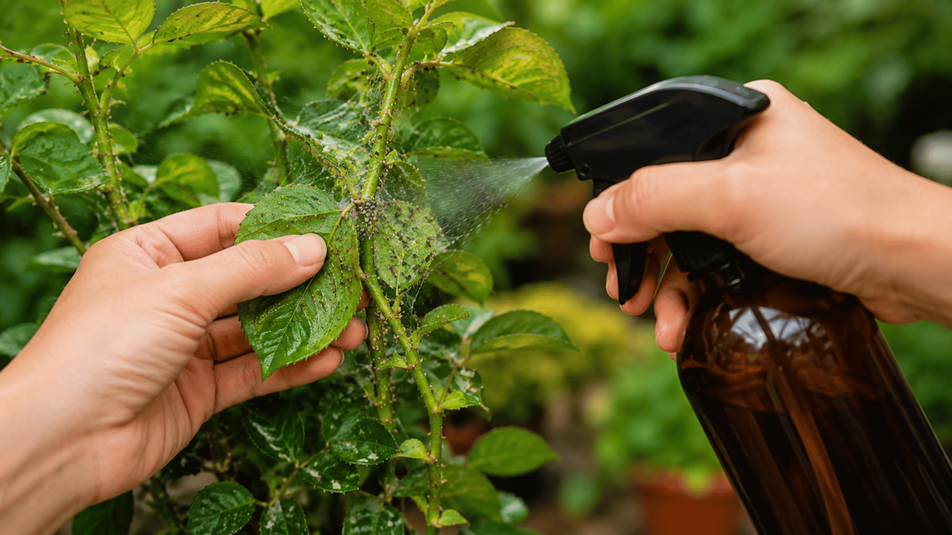 Gardener spraying neem oil directly onto pest-infested leaves showing signs of aphids and webbing damage