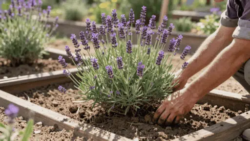gardener tending a healthy lavender plant in a sunny well drained garden bed with purple blooms in soft daylight