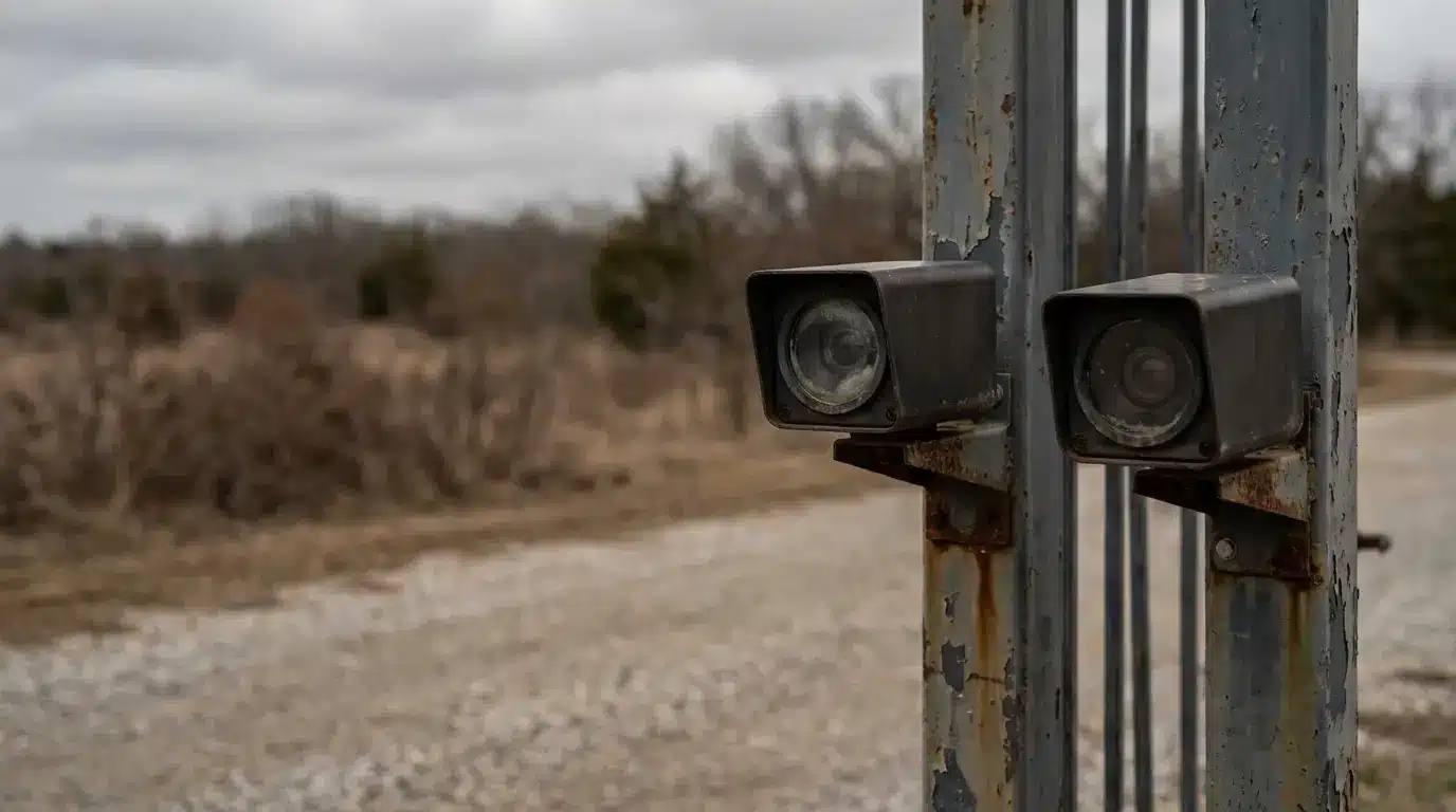 Two rusted security cameras mounted on an outdoor metal gate facing gravel path