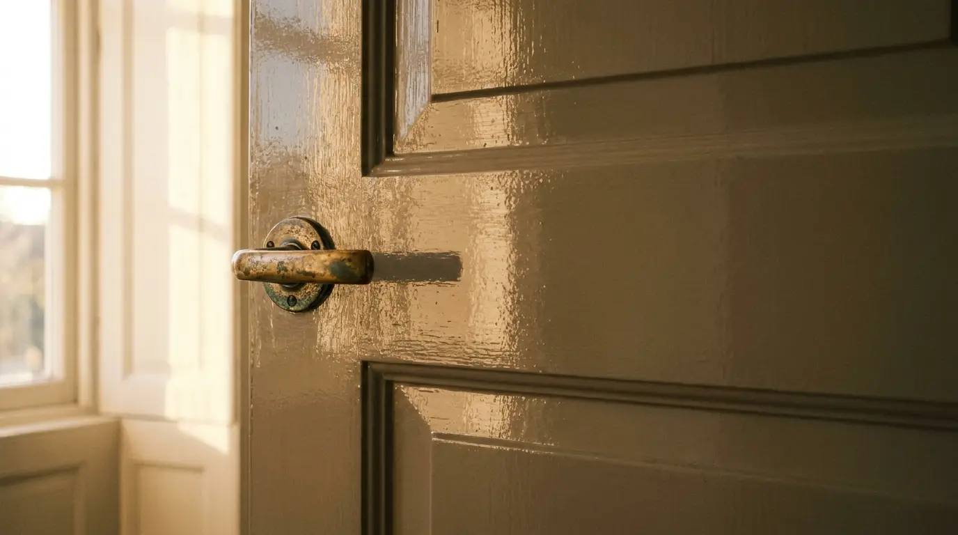 Wooden door with brass handle in warm sunlight near window