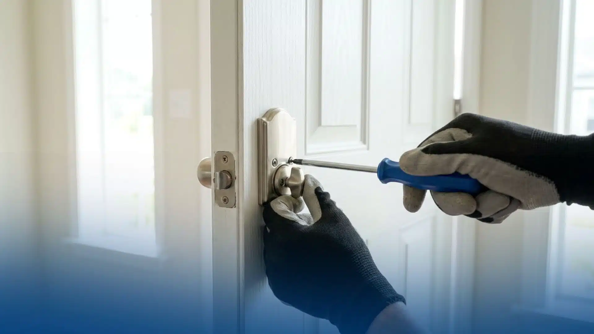 Gloved hands using a phillips screwdriver to replace a door lock on a white residential door