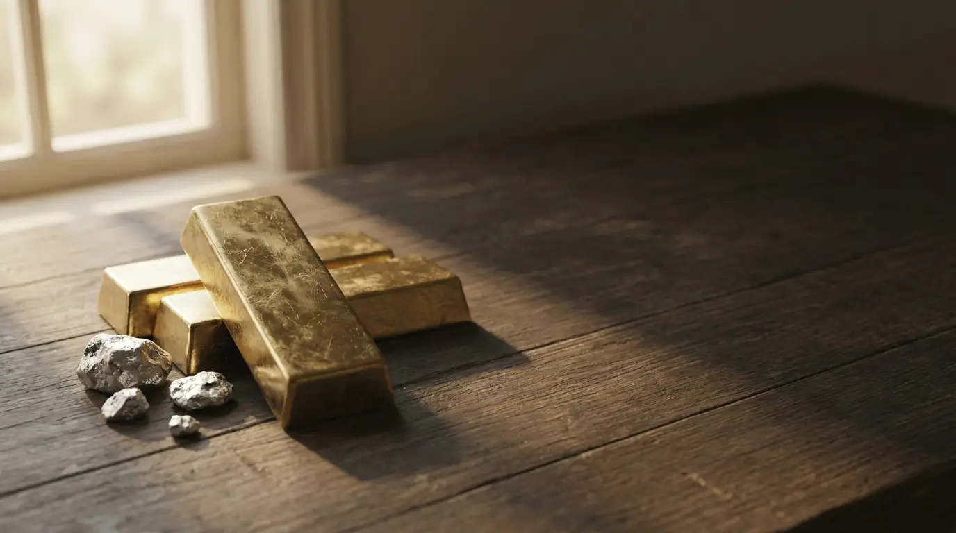 Gold bars and silver nuggets on wooden table in natural light near window