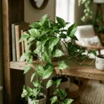 golden pothos trailing from a wooden shelf in a living room