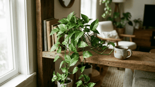golden pothos trailing from a wooden shelf in a living room