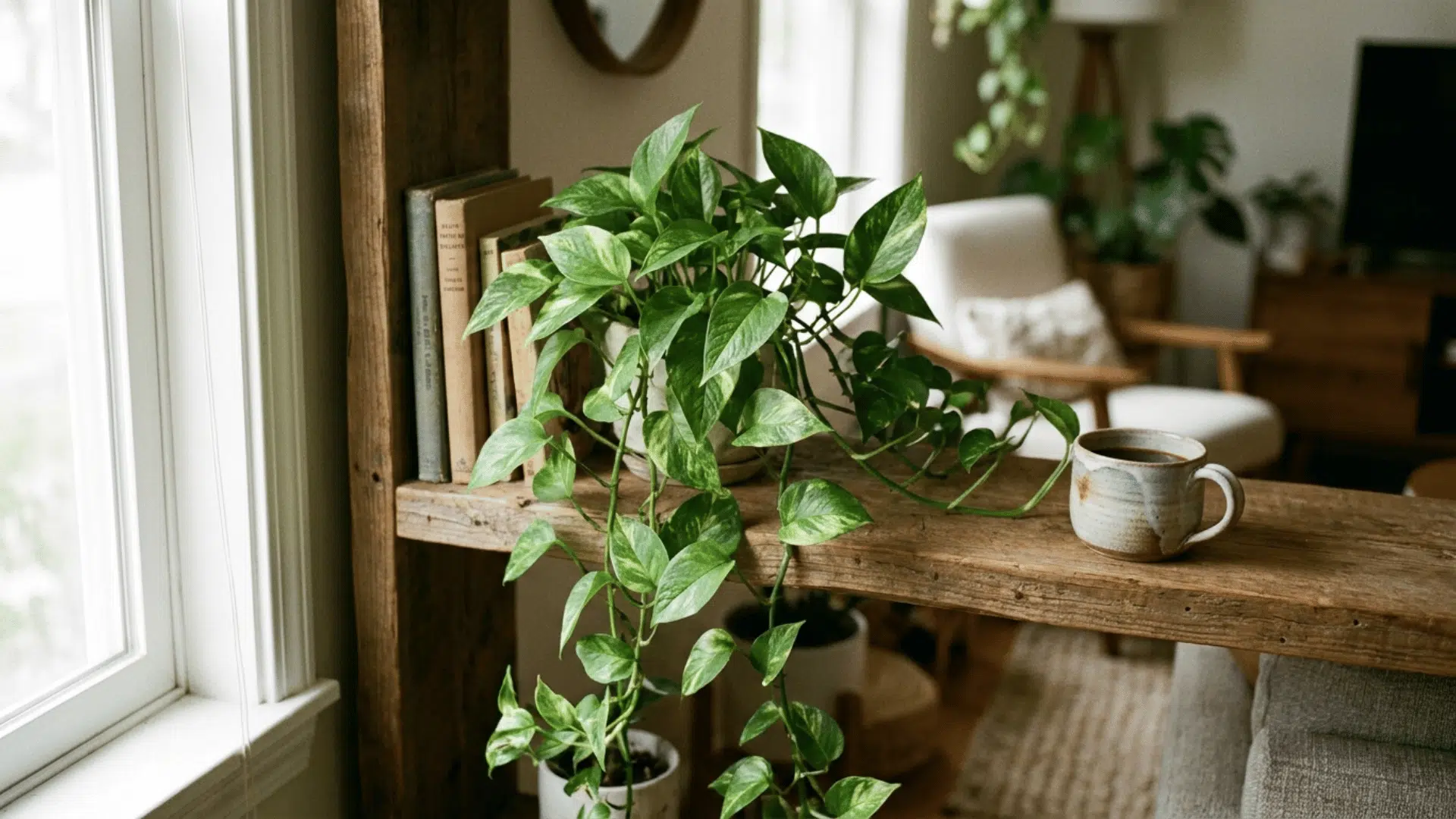 golden pothos trailing from a wooden shelf in a living room