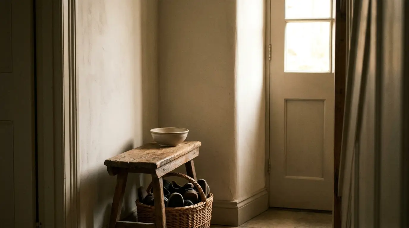 Wooden bench with bowl and wicker basket of shoes in dimly lit hallway