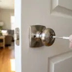 Hand Using A Small Flathead Screwdriver To Release A Door Knob Lock On A White Interior Door With Strike Plate Visible