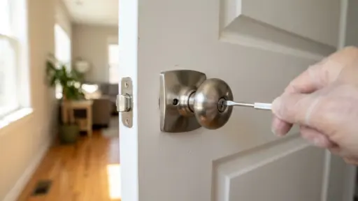 Hand Using A Small Flathead Screwdriver To Release A Door Knob Lock On A White Interior Door With Strike Plate Visible
