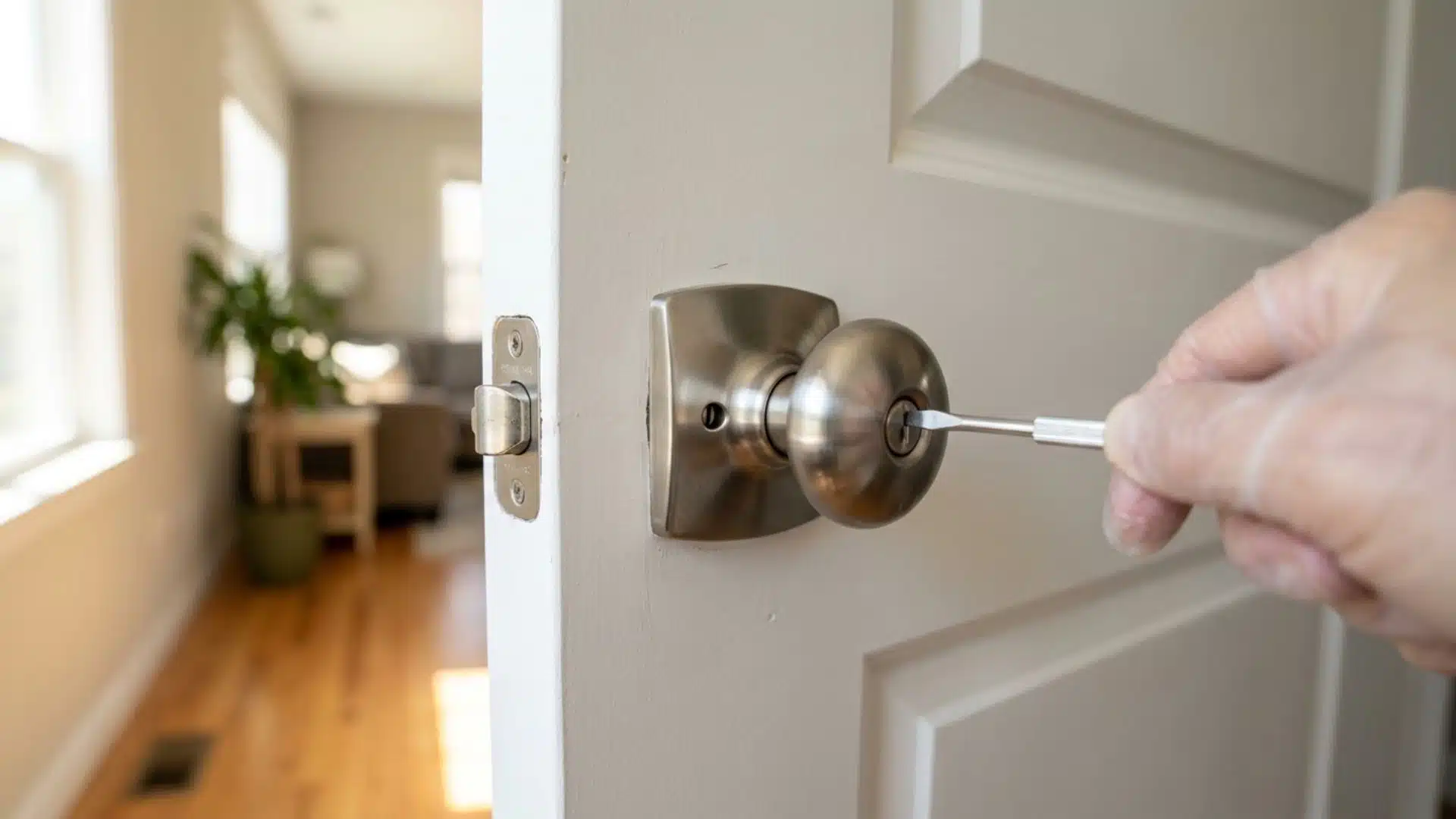 Hand Using A Small Flathead Screwdriver To Release A Door Knob Lock On A White Interior Door With Strike Plate Visible