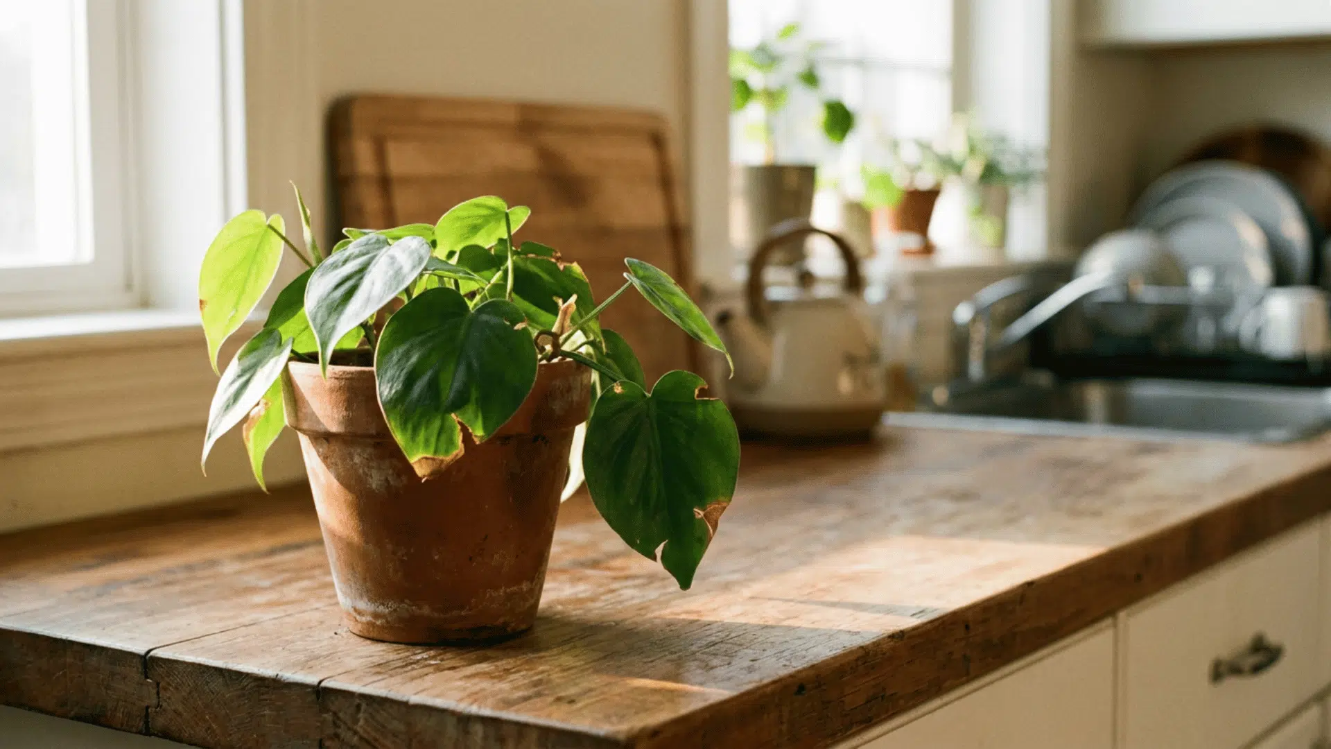 heartleaf philodendron in a terracotta pot on a kitchen counter