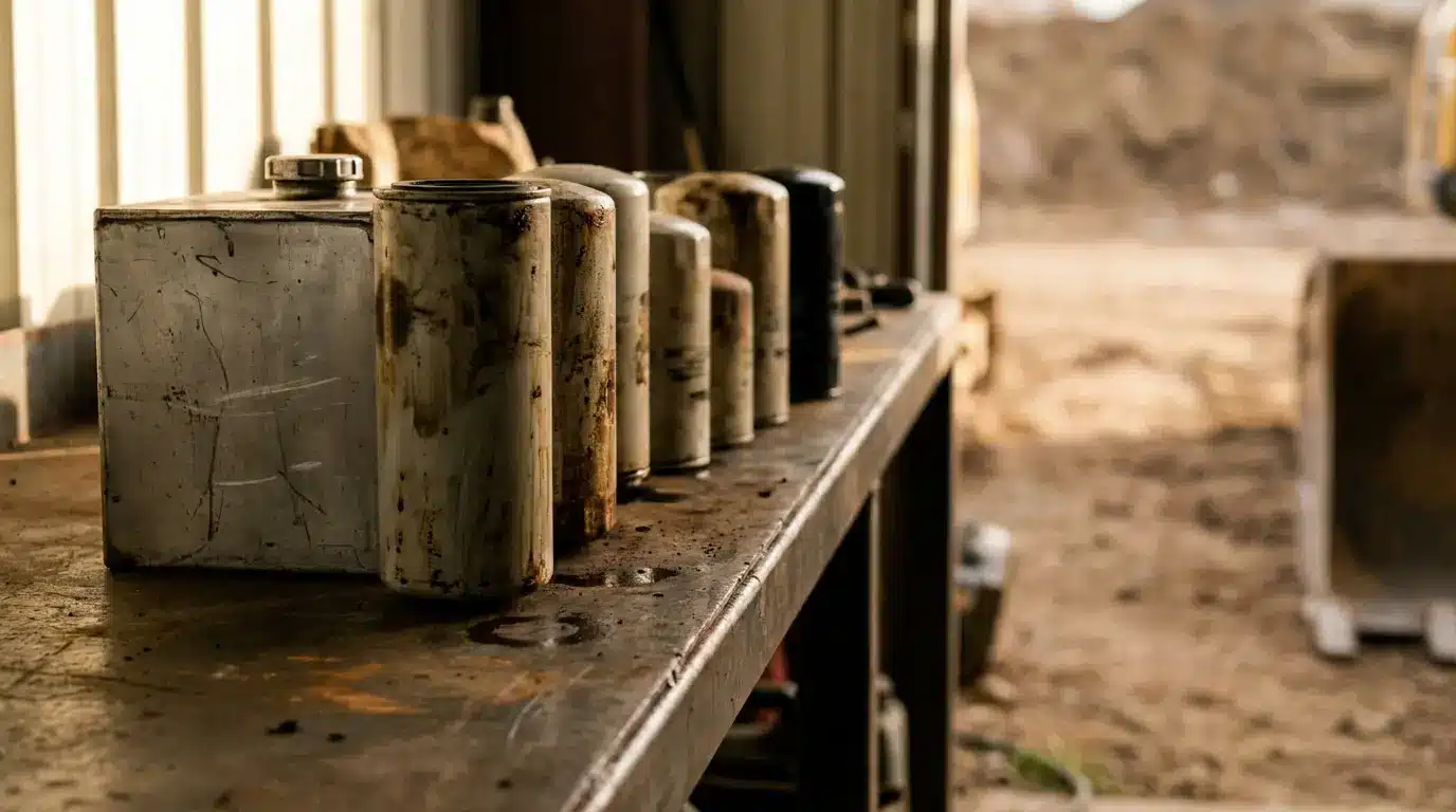 Rusty fuel cans lined up on a dusty metal workbench in a dimly lit garage
