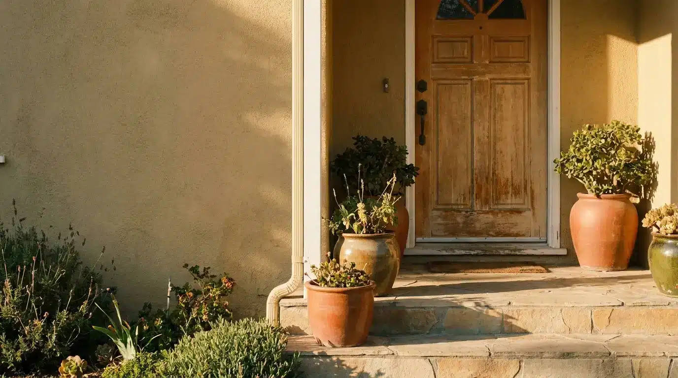 Wooden front door with potted plants on stone steps in warm sunlight